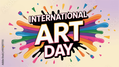 International art day celebration with colorful paint splashes on a gradient background