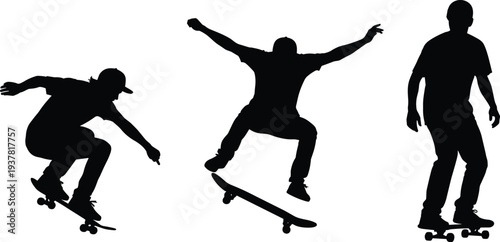 Skateboarders silhouettes performing tricks, extreme sports artwork, urban street culture design, athletic balance illustration, freestyle skateboarding poses, cad drawing flat vector illustration