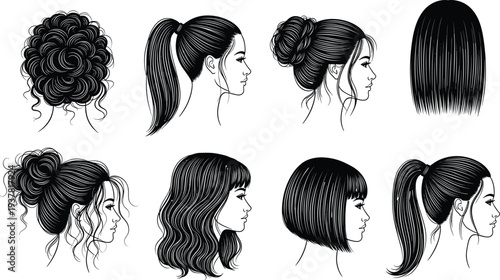 Women’s hairstyles silhouettes, curly bun ponytail bob cut, fashion hair design artwork, beauty style illustration, cad drawing flat vector illustration