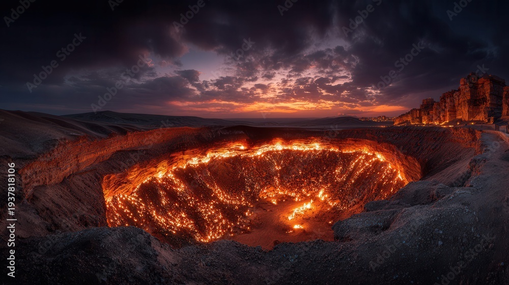 Fototapeta premium Darvaza gas crater burning brightly at sunset with dramatic cloudy sky above