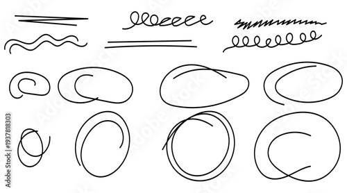 Diverse collection of hand drawn doodle lines underlines and expressive scribble shapes for creative design projects