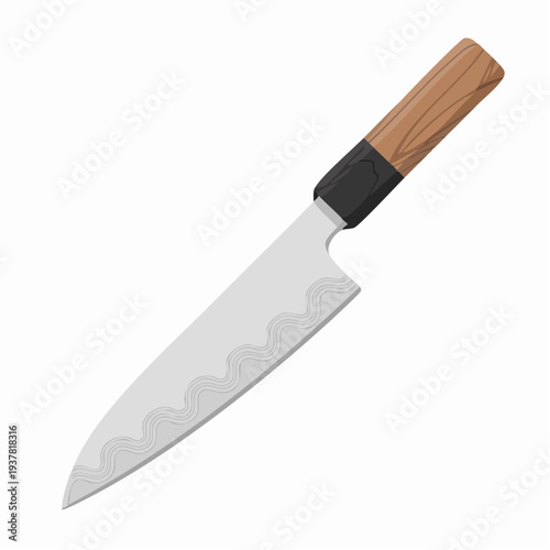 Illustration of a kitchen knife with a wooden handle and serrated edge on a plain background from a diagonal viewpoint