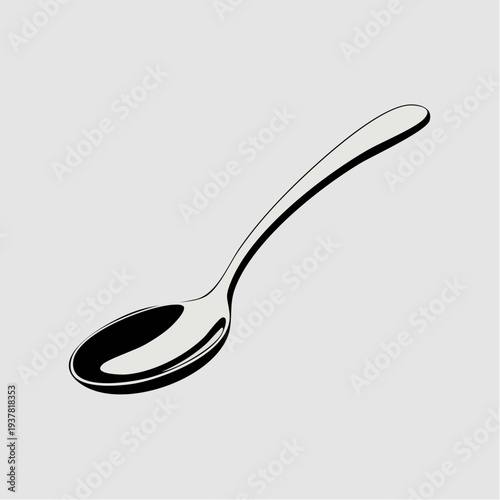 A silver spoon is positioned diagonally on a plain background from a straightforward viewpoint as a graphic illustration