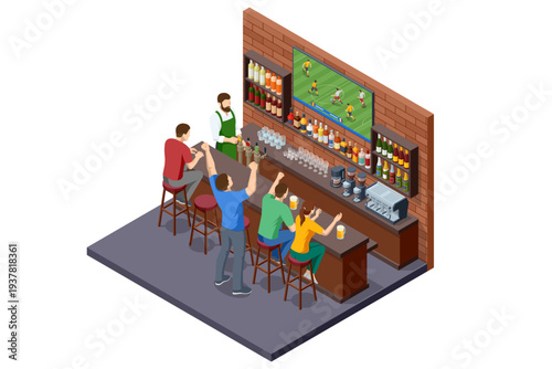 Isometric sports bar interior with football fans watching soccer match on television while bartender serves drinks. Sport watching concept.