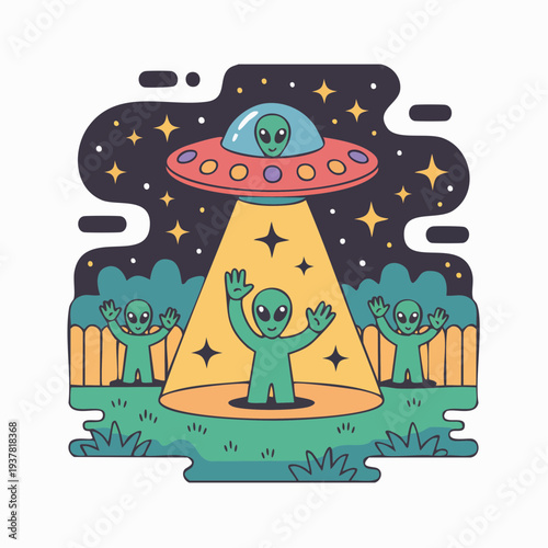 Alien being beamed aboard spaceship in night sky surrounded by extraterrestrial beings in a field