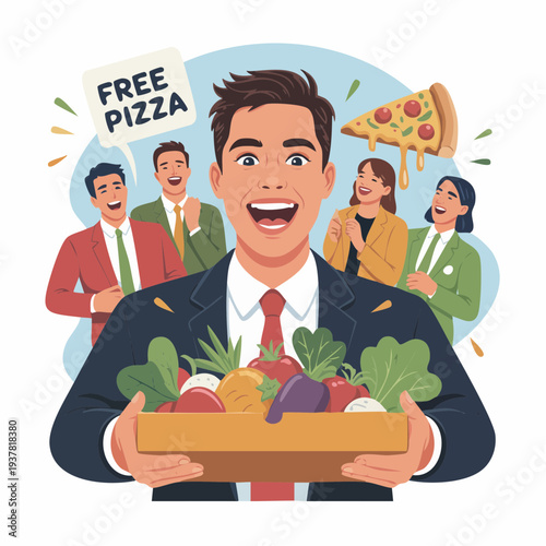 A smiling businessman in a suit holding a box of fresh vegetables and fruits with people behind him celebrating free pizza