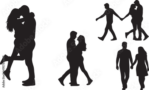 Set of Black Vector Silhouettes of Romantic Loving Couples isolated PNG with Transparent Background