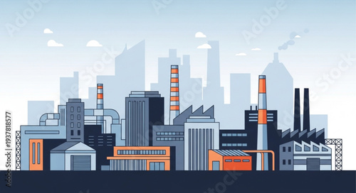 Industrial cityscape with factories and skyscrapers illustration.