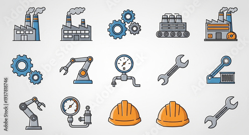 Industrial Icons Set Factory Machinery Tools and Equipment.