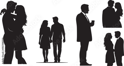 Black Vector Silhouettes of Loving Couples Embracing, Walking, Talking, and Proposing Marriage isolated PNG with Transparent Background