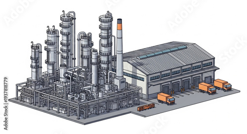 Industrial oil refinery complex with storage tanks and trucks.