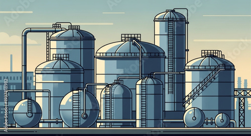 Industrial storage tanks and pipelines at a factory.