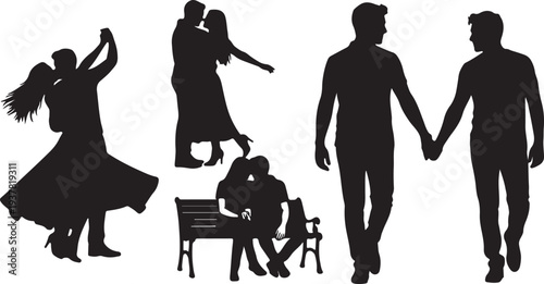 Collection of diverse romantic couple silhouettes. Dancing, walking, and sitting on a bench. Isolated vector graphics. isolated PNG with Transparent Background