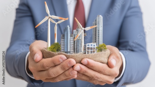 Sustainable urban development initiative cityscape 3d model business environment close-up view green energy concept