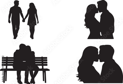 Black Vector Silhouettes Set of Loving Couples Walking, Kissing, and Embracing isolated PNG with Transparent Background