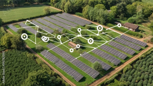 Renewable energy development in solar farms rural area aerial view nature and technology integration