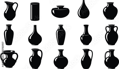 Black and white silhouette illustration of fifteen unique vases and pitchers arranged in grid, symbolizing pottery design, decorative art, antique 