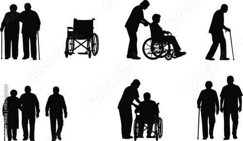 Black and white silhouette illustration of elderly individuals with canes and caregivers assisting with wheelchairs, symbolizing aging, mobility support, caregiving, and companionship themes