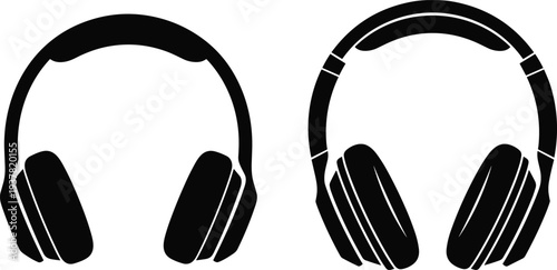 Black and white silhouette illustration of two over-ear headphones with distinct designs, symbolizing audio technology, music listening, sound equipment, and modern lifestyle accessories