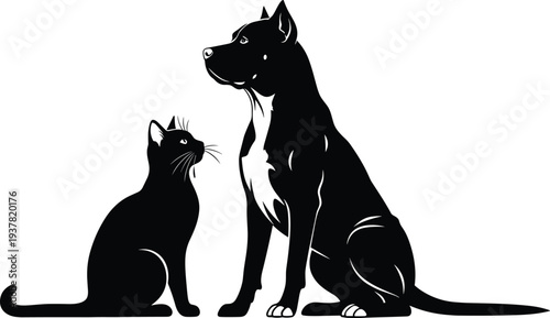 Black and white silhouette of cat and dog sitting side by side, symbolizing companionship, harmony, domestic pets, friendship, and animal interaction in minimalistic design
