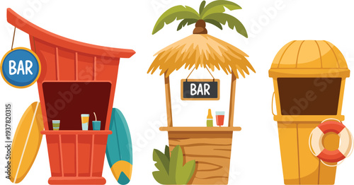 Tropical beach bar vector set with three thatched roof stands decorated with surfboards lifebuoy leaves and colorful signage illustrations