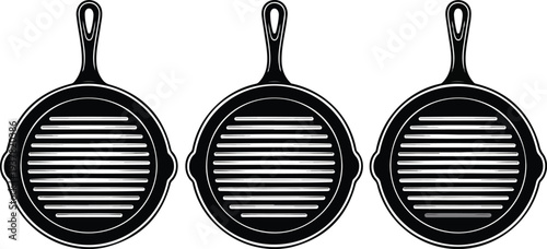 Vintage cast iron grill pan vector set with frying skillet cookware collection black and white kitchen illustration isolated