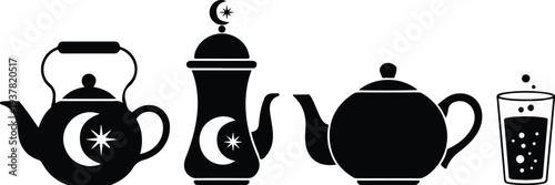 Traditional tea and beverage black icon set with Arabic lamp teapot glass and Ramadan Islamic culture symbols