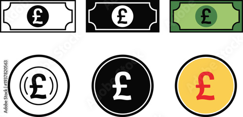 Pound sterling currency banknote coin and coin stack vector illustration set finance symbols
