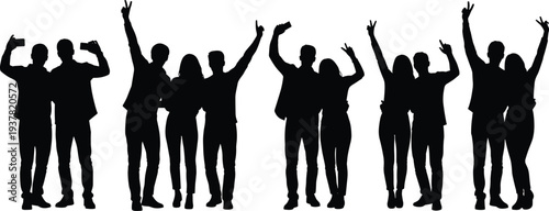 PrintSilhouette of diverse people pairs celebrating together, posing with smartphones, taking selfies, raising hands in joy, friendship and modern social lifestyle illustration