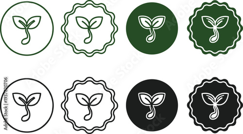 Set of green and black sprout plant icons in circular and badge shapes for eco concepts
