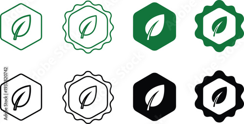 Green leaf icons inside hexagon and scalloped border shapes nature eco friendly symbols vector
