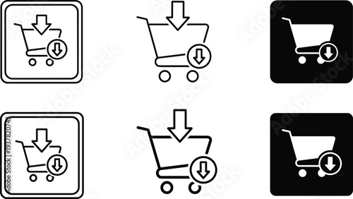 Shopping cart add to cart icons black and white outline filled square and circular shapes