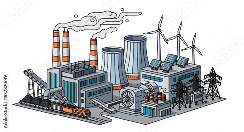 Industrial power plant with renewable energy sources illustration.
