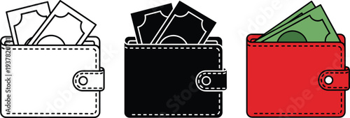 Wallet icons with banknotes cash money colorful and outline styles finance symbols vector