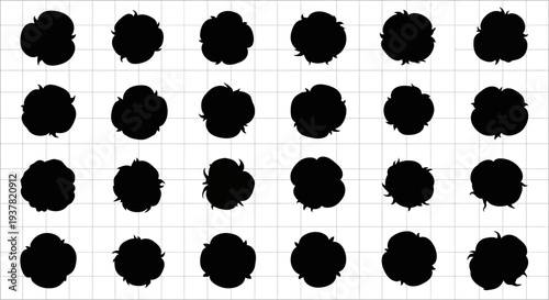 Black inkblot shapes on a grid background for design and artistic use