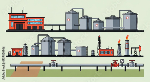 Industrial oil and gas refinery complex with pipelines and storage tanks.