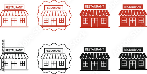 Restaurant storefront icon set in black and red colors for food industry and catering business use