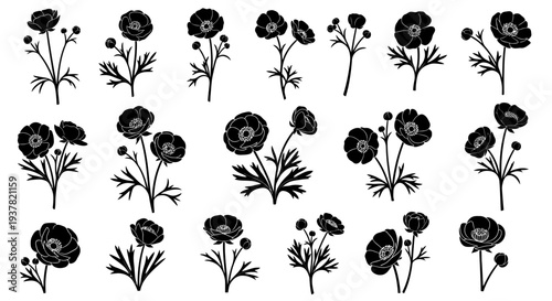 Black floral silhouettes arranged in rows on white background for design and decoration