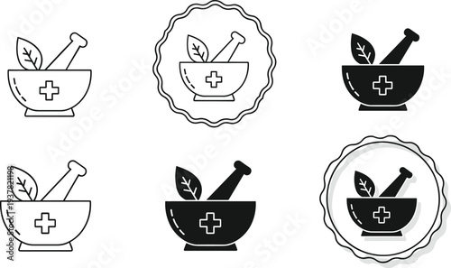 Mortar and pestle with leaves and cross symbol medical herbal medicine icon set
