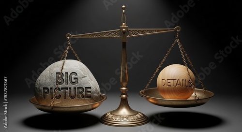 Details and big picture in balance - balancing stones on a scale symbolizing harmony,A conceptual 3D illustration of a bronze scale balancing a large stone labeled 