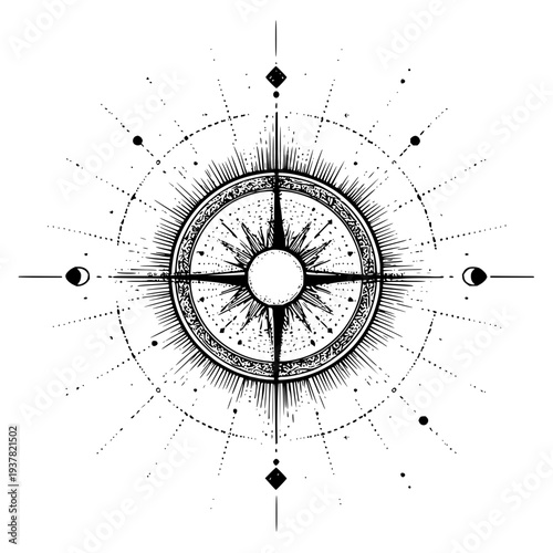 Detailed celestial compass rose with moon phases and radiant starburst design illustration art is shown