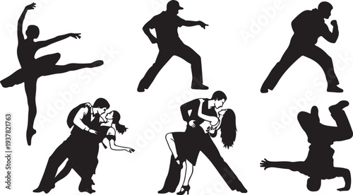 Isolated Vector Set of Black Dancer Silhouettes: Ballet, Street Dance, and Ballroom Couple Poses isolated PNG with Transparent Background