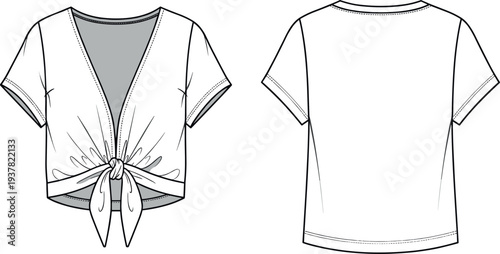Women Front Tie Crop Top Fashion Technical Flat Sketch Vector Template With Short Sleeves And Deep V Neckline For Design