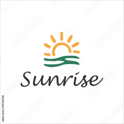 Minimal sunrise logo featuring rising sun and ocean waves. Clean nature icon suitable for eco brand, travel, resort or wellness.