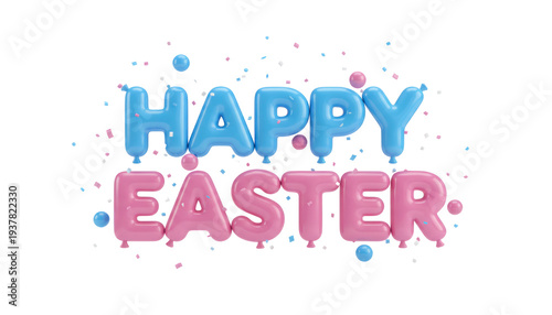 Happy easter text in blue and pink with colorful confetti elements surrounding the words isolated on white