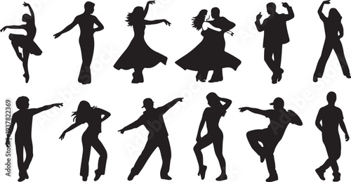 Collection of Black Dancing People Silhouettes in Dynamic Poses Vector Illustration isolated PNG with Transparent Background