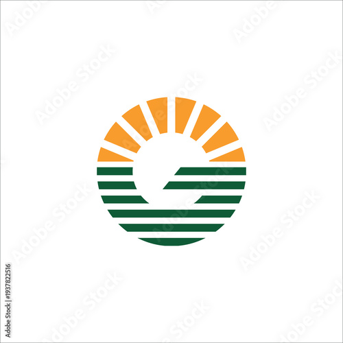 Modern abstract sunrise logo with layered hills and sun rays. Clean geometric emblem suitable for travel, resort, eco brand or outdoor business identity