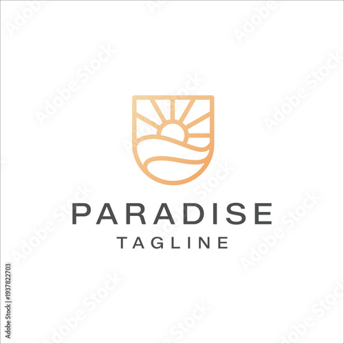 Elegant line sunrise logo featuring sun rays and ocean waves. Perfect for resort branding, eco company, travel logo or nature related business