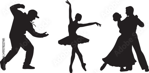 Black dance silhouettes set. Hip-hop, ballet, and ballroom dancers vector illustration. isolated PNG with Transparent Background