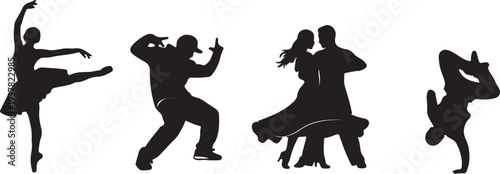 Set of Black Dancer Silhouettes Vector Collection with Ballet, Hip Hop, Tango, and Breakdance Styles isolated PNG with Transparent Background